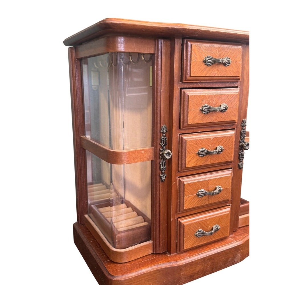 Vintage Wood Jewelry Armoire 5 Drawer Necklace Carousel Mirrored Chest - Picture 5 of 9